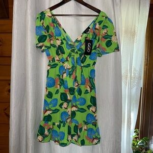 GigiO Green Floral Dress with Blue and Pink Details